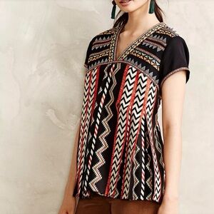 Ranna Gill Anthropologie Chevron Embroidered Tribal Top Size 4 Southwestern Boho